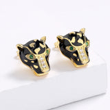 Exquisite Handmade Enamel Black Leopard Green Spinel White AAA Zircon Earrings