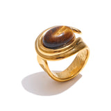 18K Gold Plated Popular Stainless Steel Natural Tiger Stone Geometric Charm Ring
