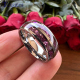 Purple Crystal Stone Inlay Domed Polished 6mm 8mm Tungsten Wedding Men Women Rings