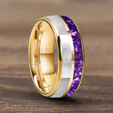 Purple Crystal Stone and White Seashell Inlay 6/8mm Gold Tungsten Carbide Rings