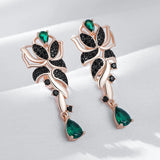 Gorgeous 14K Rolled Gold Green With Black AAA Zircon Crystals Flower Drop Earrings
