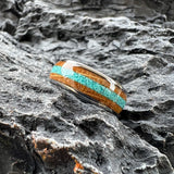 Amazing Whiskey Barrel Oak Wood Crushed Turquoise Inlay Tungsten Carbide Rings