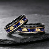 New 8mm Black Hammered Inlay Blue Glass Stone Gold Foil Tungsten Carbide Rings