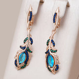 14 Karat Rolled Gold Blue AAA Zircon Crystals Flower Long Drop Earrings For Women