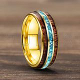 Inlaid Hawaiian Koa Wood Sky Blue Crystal Stone 6/8mm Tungsten Carbide Rings