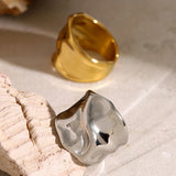 18K Gold Plated Irregular Hammered Texture Wide Opening Stainless Steel Ring Charm Jewellery