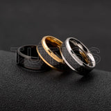 Black Carbon Fiber Inlay Beveled Edge Polished Multicolor Tungsten Carbide Rings