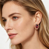 14K Rolled Gold Big Oval Red AAA Zircon Crsytals Flower Vintage Stud Earrings For Women