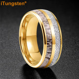 Polished Bevel Edges Deer Antler, Meteorolite Inlay 6/8mm Tungsten Carbide Rings