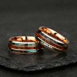 Whiskey Barrel Abalone Shell Inlaid With Rose Gold Polished Edge Tungsten Wedding