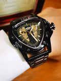 Sports Military Skeleton Automatic Mechanical Watches - Black Gold Triangle Dial Steel Leather Strap Luxury Watches