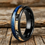 Polishing Dome Blue Glass Stone Meteorite Gold Foil Inlay 6mm 8mm Tungsten Rings