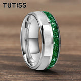 Dome Double Groove Inlaid With Green Crystal Stone Mother Of Pearl Shell Tungsten Rings