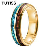 Inlaid Hawaiian Koa Wood Sky Blue Crystal Stone 6/8mm Tungsten Carbide Rings