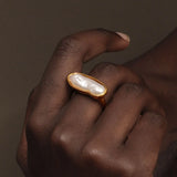 18K Gold Plated Stainless Steel Baroque Long Strip Faux Pearl Ring