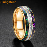 Rainbow Opal and Bright Meteorite Inlay 8mm Tungsten Carbide Men’s Women’s Ring