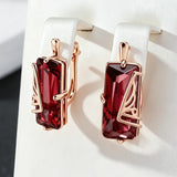 14 Karat Rolled Gold Luxury Square AAA Red Zircon Crystal Women's Long Dangle Earrings