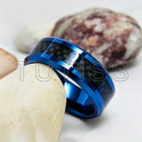 Black Carbon Fiber Inlay Beveled Edge Polished Multicolor Tungsten Carbide Rings