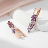 Luxury 14K Rolled Rose Gold Purple AAA Zircon Crystals Leaf-Shaped Dangle Earrings For Women - Fashion Jewellery