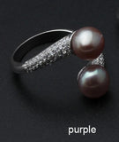 Exquisite Real Pink Black White Purple Grey Pearl AAA Zircon Diamonds Silver Rings