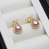 Cross-Over Design Multicolour Real Pearl AAA Zircon Diamonds Stud Earrings