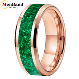Green Opal Inlay Beveled Polished 6/8mm  Silver/Gold/Blue/Black Tungsten Rings