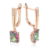 Amazing 14K Rolled Rose Gold Square Colorful AAA Zircon Crystals Long Drop Earrings - Luxury Fashion Jewellery