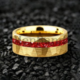 Hammered Faceted Brushed Finish Red Crystal Stone Inlay Gold Color Tungsten Rings