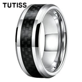 Black Carbon Fiber Inlay Beveled Edge Polished Multicolor Tungsten Carbide Rings