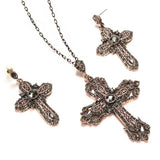 Antique Gold Noble Grey Crystal Cross Necklace Drop Earring Set