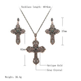 Antique Gold Noble Grey Crystal Cross Necklace Drop Earring Set - The Jewellery Supermarket