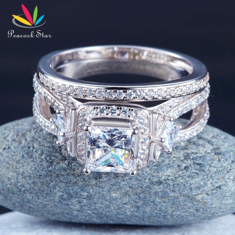Art Deco 1 Ct Princess Cut Simulated Lab Diamond Silver Wedding Engagement Ring Set - The Jewellery Supermarket