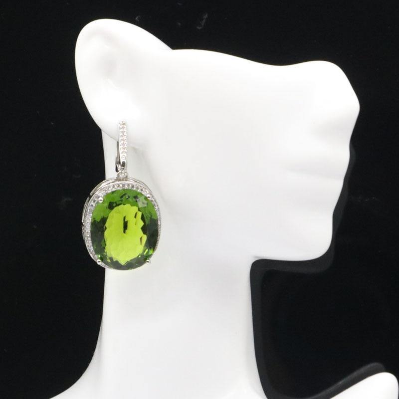 Big Oval Delicate Fine Cut Created Green Peridot Silver Earrings Pendant - The Jewellery Supermarket
