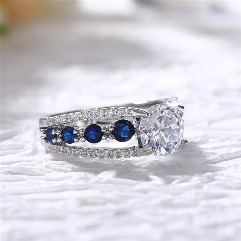 Blue/White Round AAA+ Quality CZ Crystals Novel Designed Ring - The Jewellery Supermarket