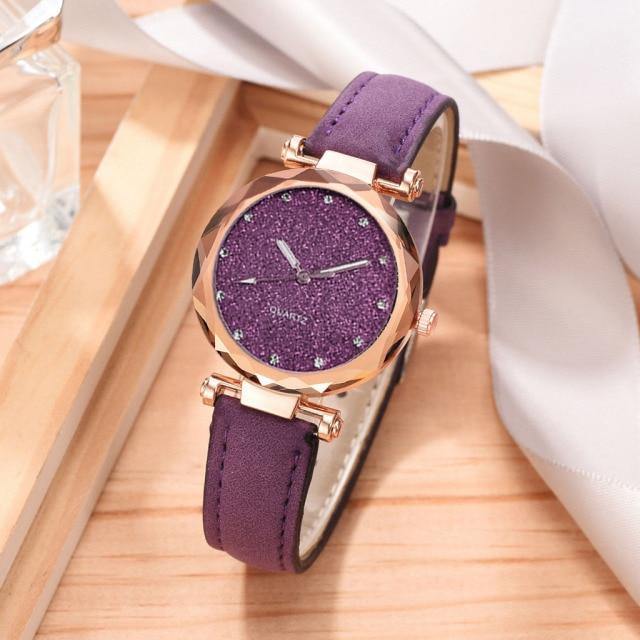 Casual Women Romantic Designer Leather Starry Sky Wrist Watch with Rhinestones - The Jewellery Supermarket
