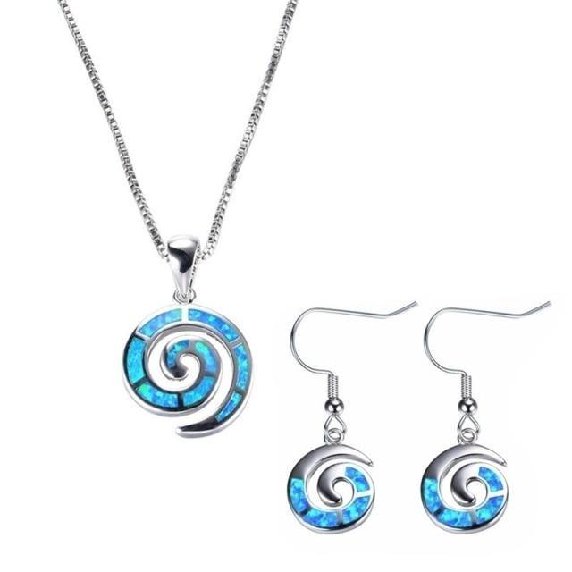 Charm Geometric Shape Blue Imitation Fire Opal Pendant Necklace With Earrings - The Jewellery Supermarket