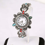 Ethnic Vintage Silver Color Fashion Flower Shape Metal Watch Bracelet Bangle