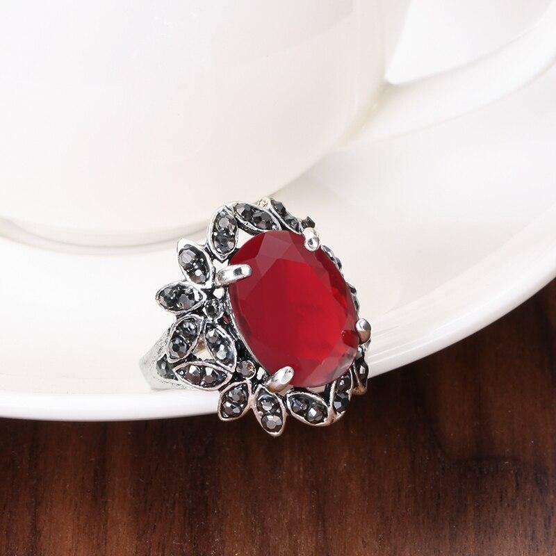 Fashion Crystal Flowers Ethnic Tibetan Silver Red Stone Ring For Women - The Jewellery Supermarket