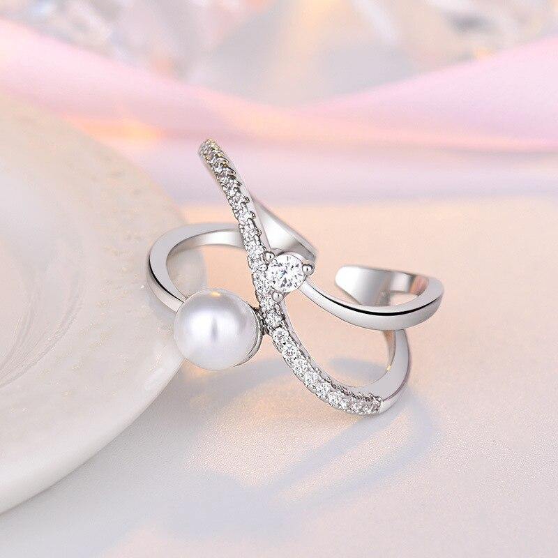 Fashion Silver Pearl AAA+ Cubic Zircon Diamonds Open Finger Luxury Ring - The Jewellery Supermarket