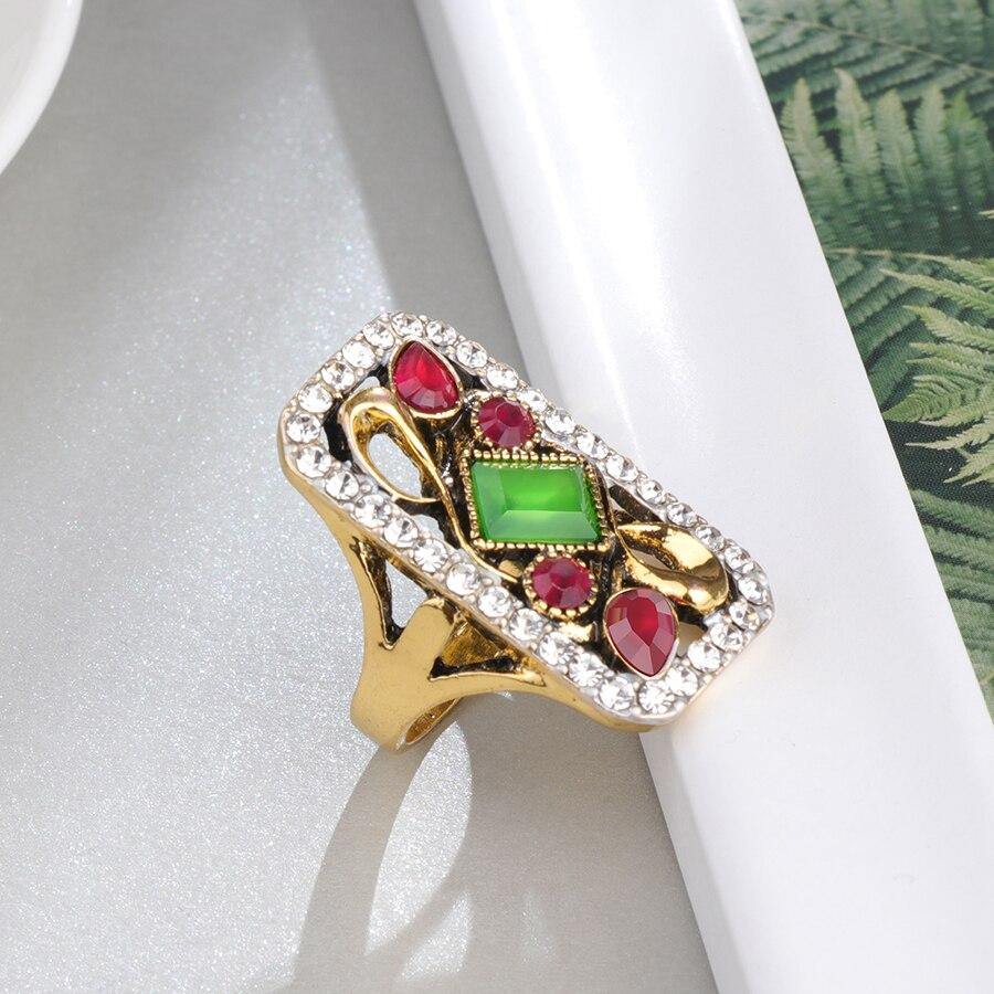 Green Big Vintage Antique Gold Color Mosaic White Crystal Fashion Ring - The Jewellery Supermarket
