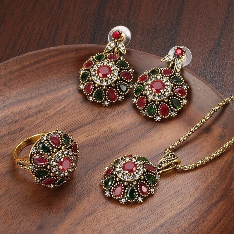 Hot Ethnic Crystal Flower Necklace Earring Ring Antique Gold Jewellery Set - The Jewellery Supermarket