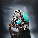 Luxury Big Antique Fashion Gold Colour Blue Stone Vintage Crystal Ring