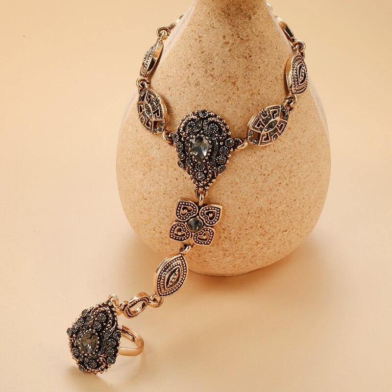 Luxury Boho 585 Alloy Gold Color Crystal Flower Charming Bracelet Link Ring - The Jewellery Supermarket