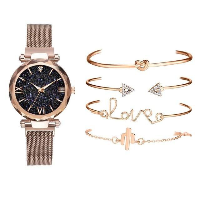 Luxury Brand Rose Gold Starry Sky Dial Crystal Bracelet Quartz Wrist Watch - The Jewellery Supermarket