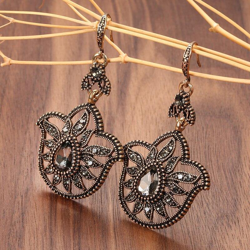 Luxury Grey Crystal Flower Antique Gold Color Drop Earrings - The Jewellery Supermarket
