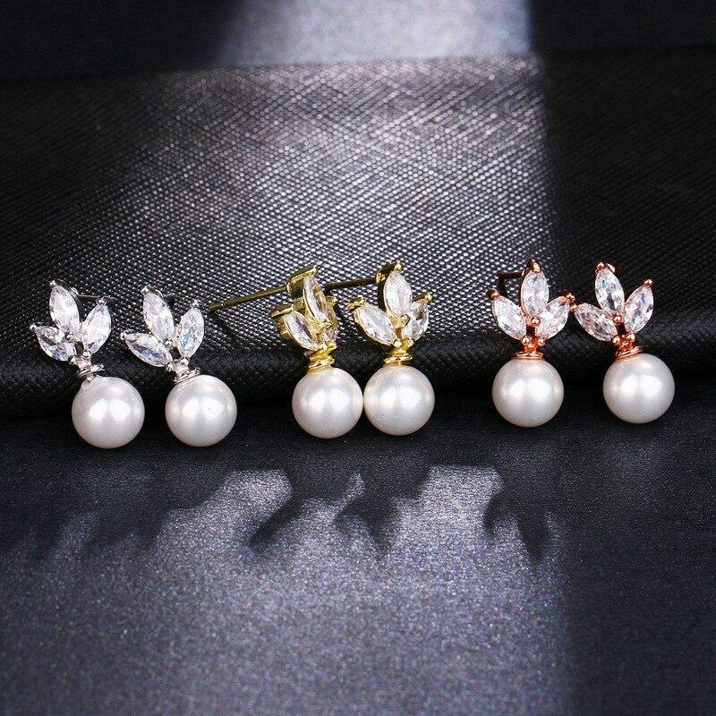 Luxury Pearl Elegant AAA+ Cubic Zirconia Diamonds Leaf Earrings - The Jewellery Supermarket