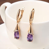 Luxury Rose Gold Water Drop Purple AAA+ Zircon Crystals Fashion Women Long Earrings - The Jewellery Supermarket