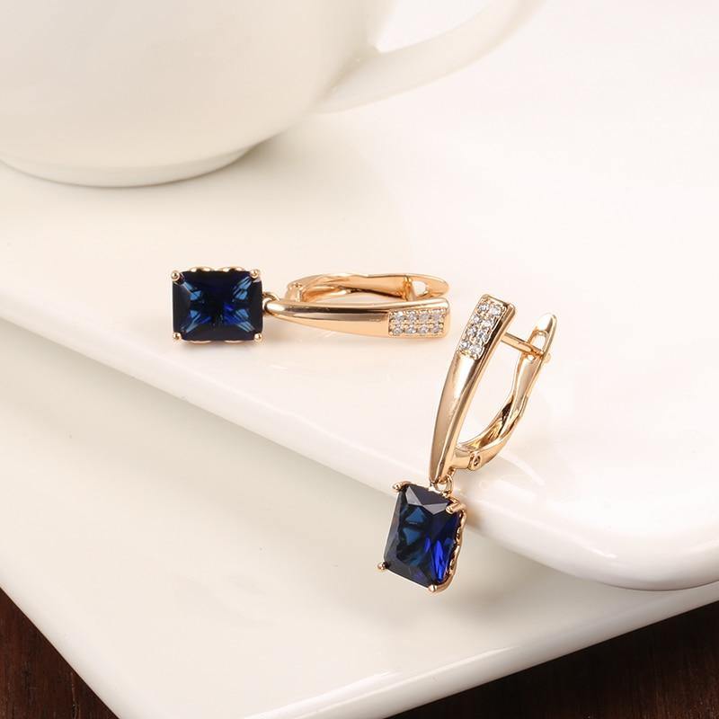 Luxury Square Blue Natural Zircon Rose Gold Long Earrings - The Jewellery Supermarket