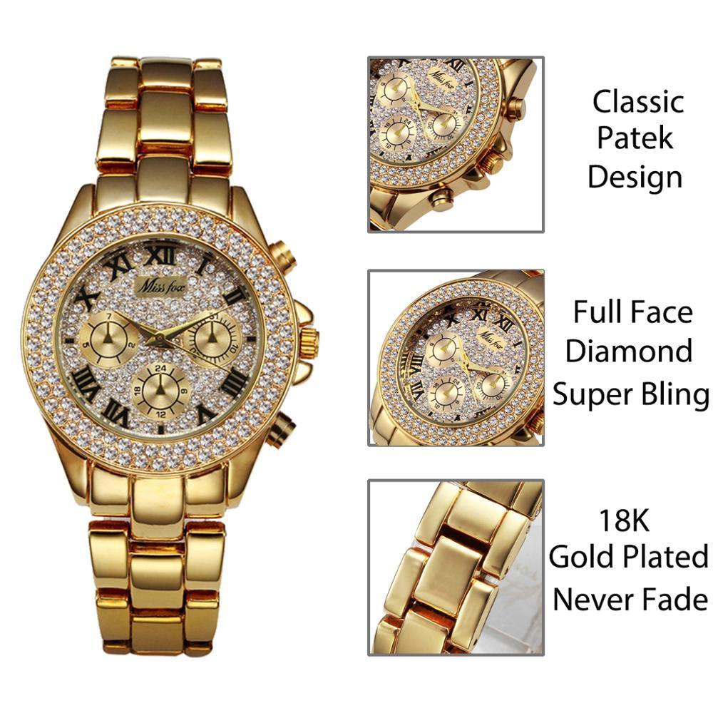 MISS FOX Classic Roman Numbers Quartz Fashion Casual Gold Bling Ladies Watch - The Jewellery Supermarket