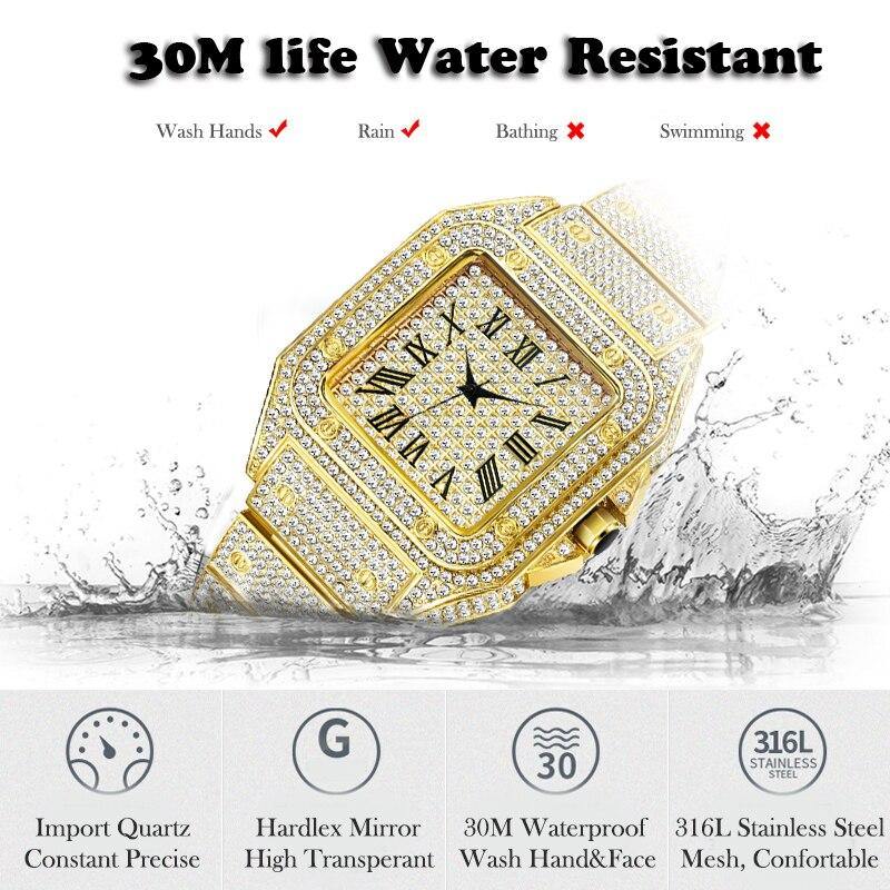 MISS FOX Luxury Brand Unique Gold Quartz Bling Bling Simulated Lab Diamonds Square Watch - The Jewellery Supermarket